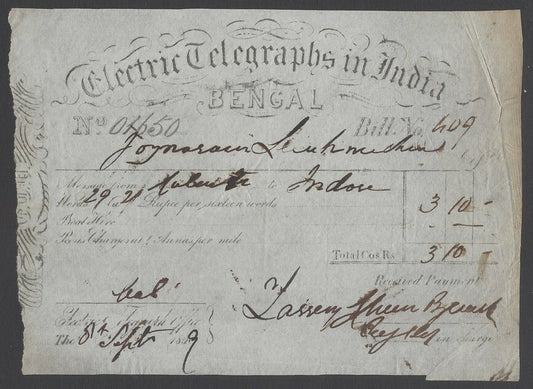 AOPIMT India ELECTRIC TELEGRAPHS IN INDIA, BENGAL 1859 receipt