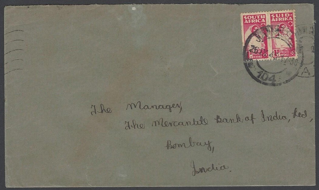 AOP South Africa 1943 bantam 1d pair on cover canc Johannesburg to India