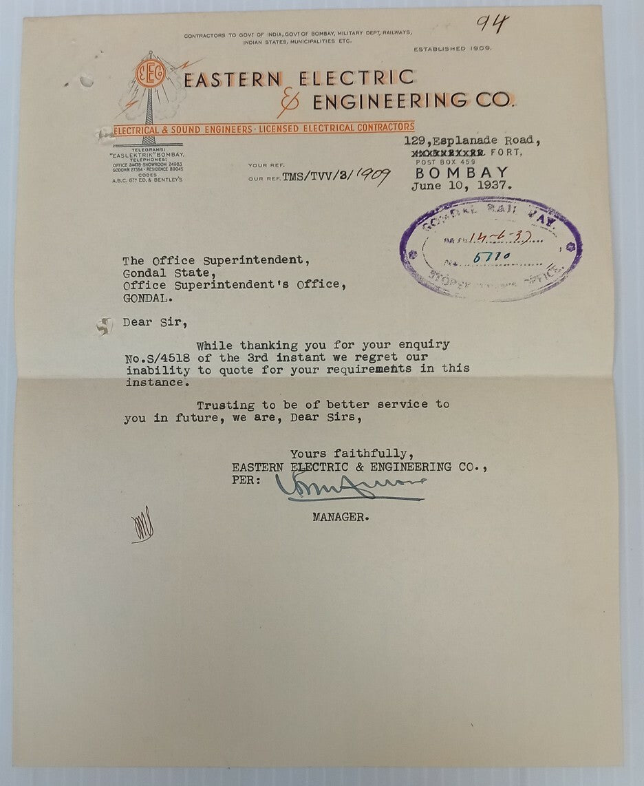 AOP Eastern Electric & Engineering Co. Bombay 1937 letterhead India