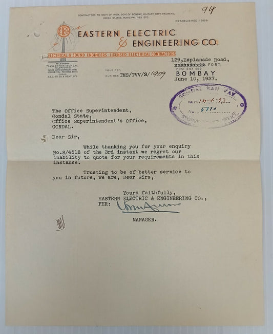 AOP Eastern Electric & Engineering Co. Bombay 1937 letterhead India