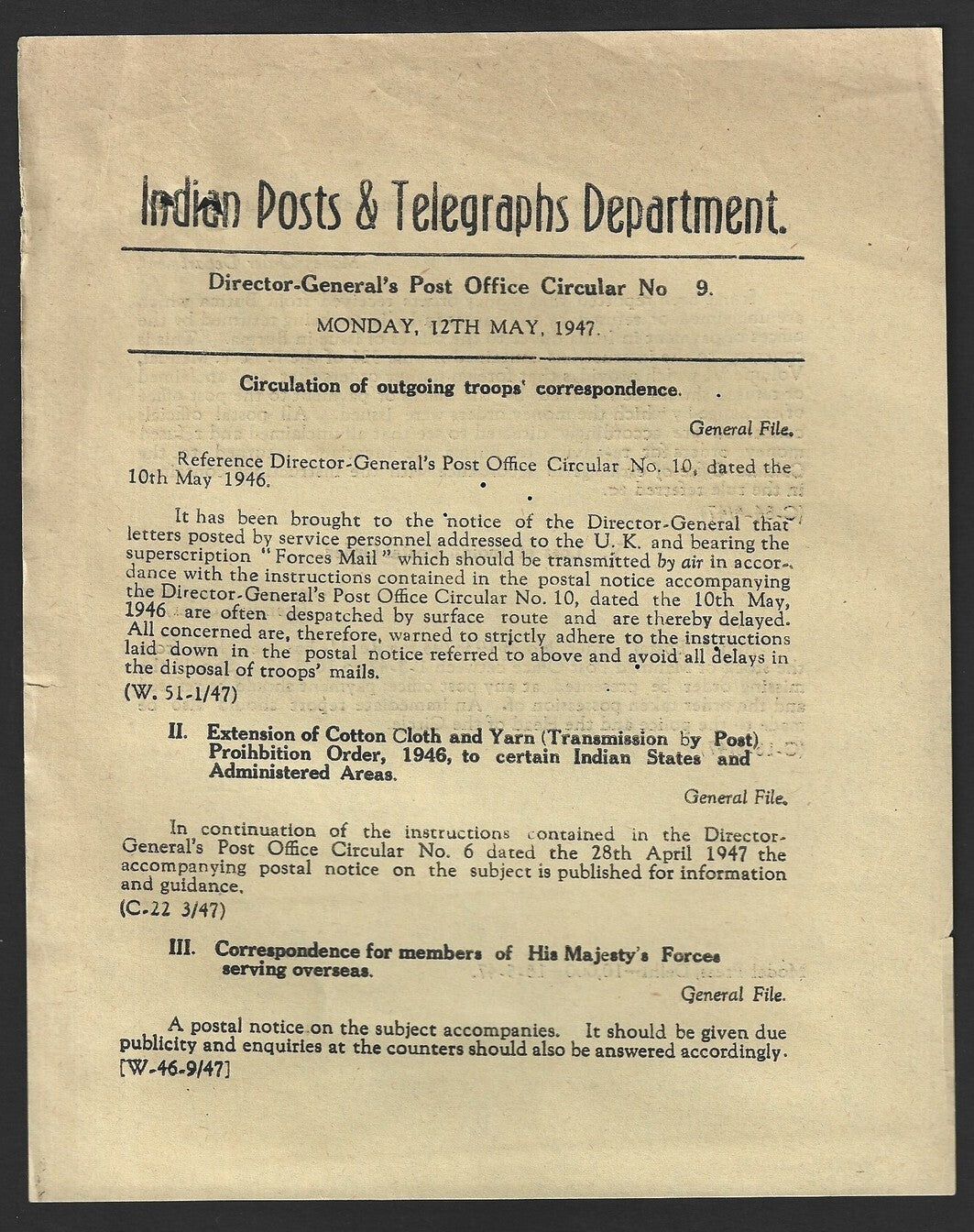India POSTAL CIRCULAR #9 12 May 1947 Correspondence HM Forces Serving Overseas