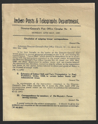 India POSTAL CIRCULAR #9 12 May 1947 Correspondence HM Forces Serving Overseas
