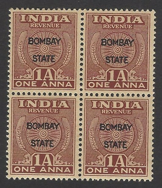 India 1948 Bombay State revenue 1a MNH block of 4