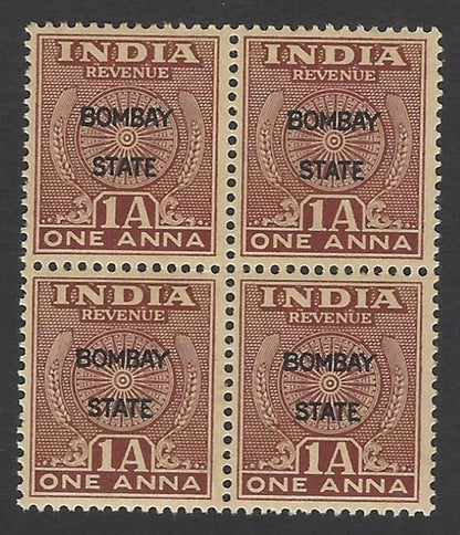 India 1948 Bombay State revenue 1a MNH block of 4