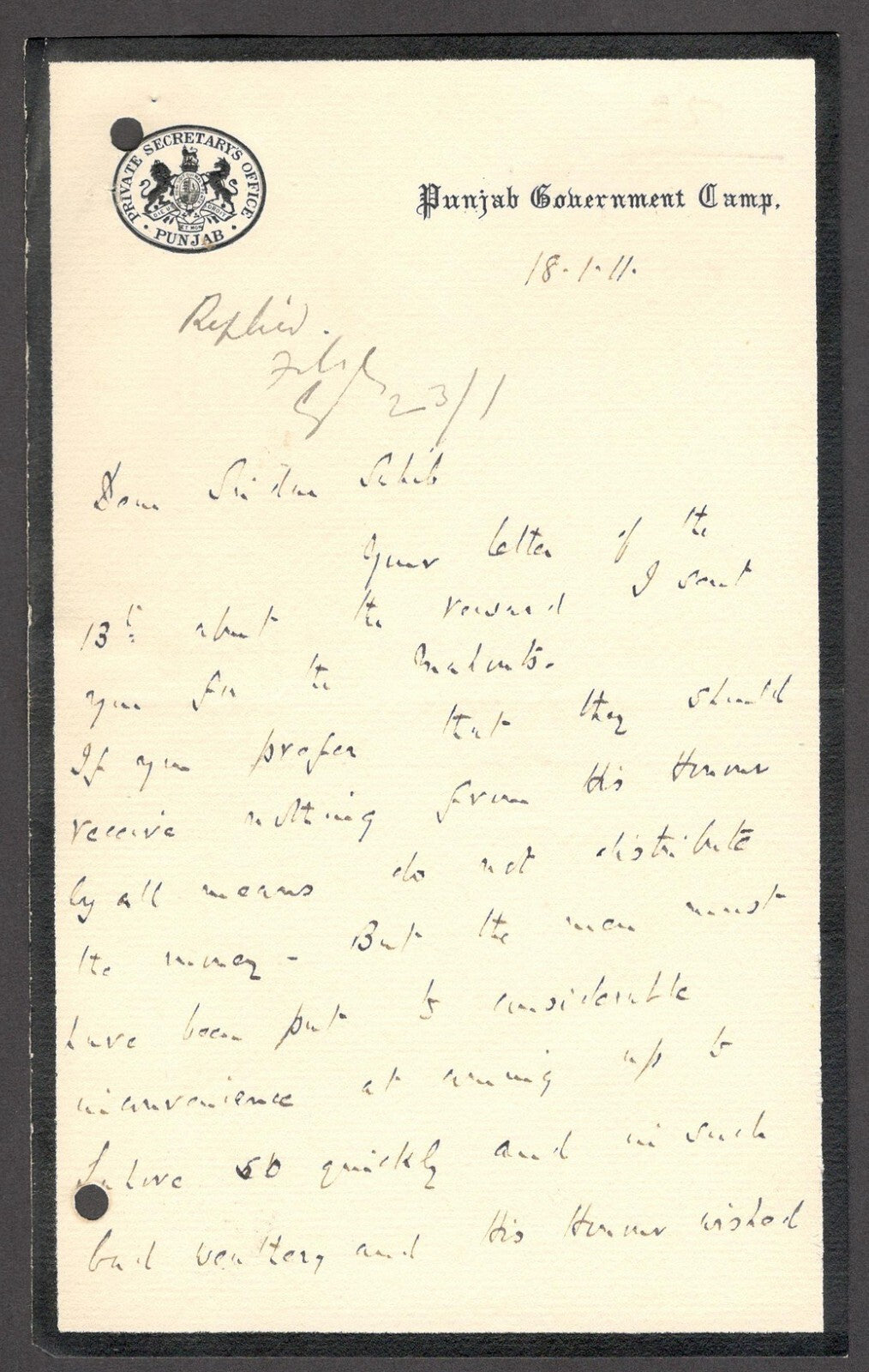 India 1911 crested letter PRIVATE SECRETARY'S OFFICE / PUNJAB GOVERNMENT CAMP
