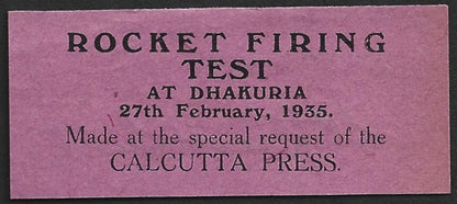 AOP India ROCKET MAIL - 1935 Dhakuria Firing label signed Stephen Smith