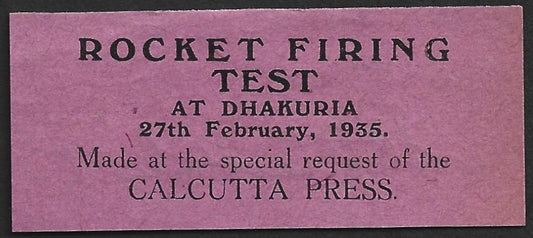 AOP India ROCKET MAIL - 1935 Dhakuria Firing label signed Stephen Smith