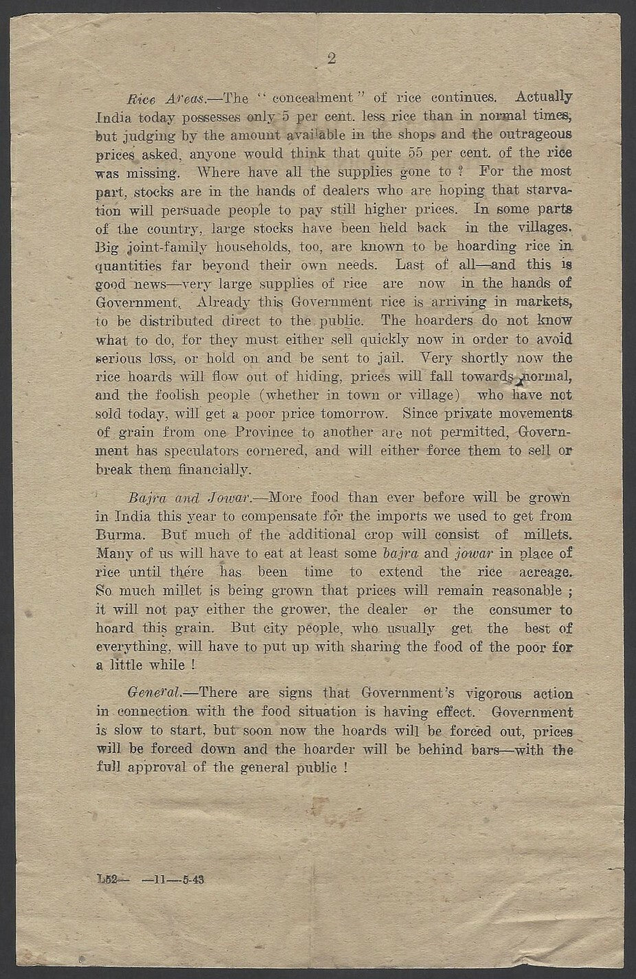 India 1943 WW2 National War Front Propaganda Leaflet The Food Position