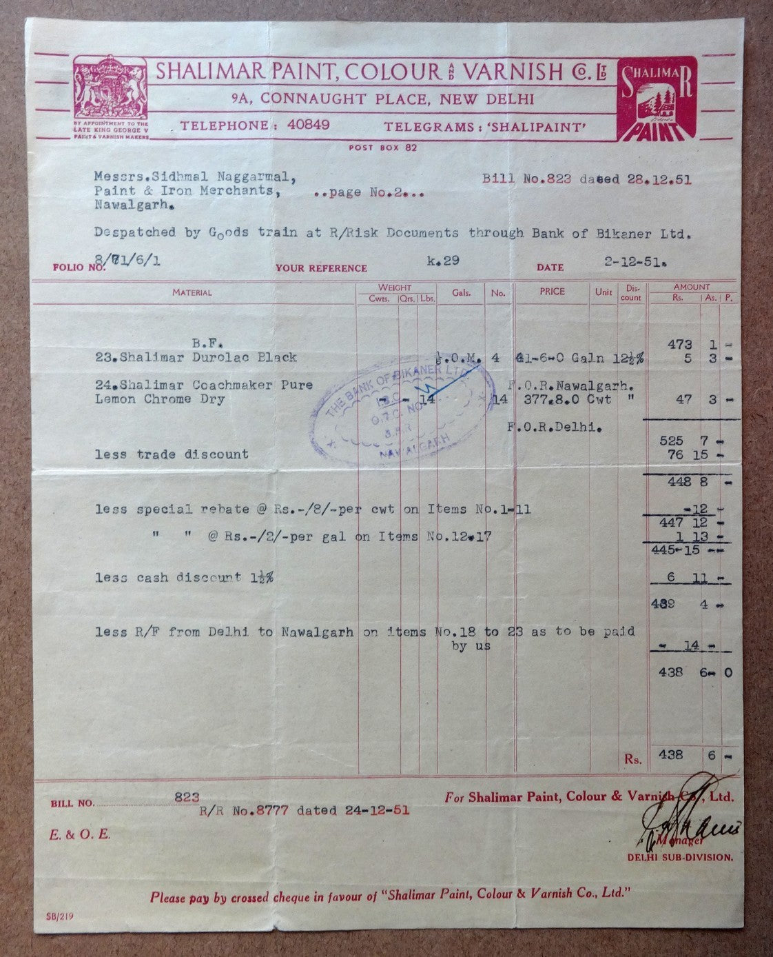 India 1951 Shalimar Paint New Delhi Billhead