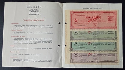 Bank of India SPECIMEN Travelers cheques (4) in folder
