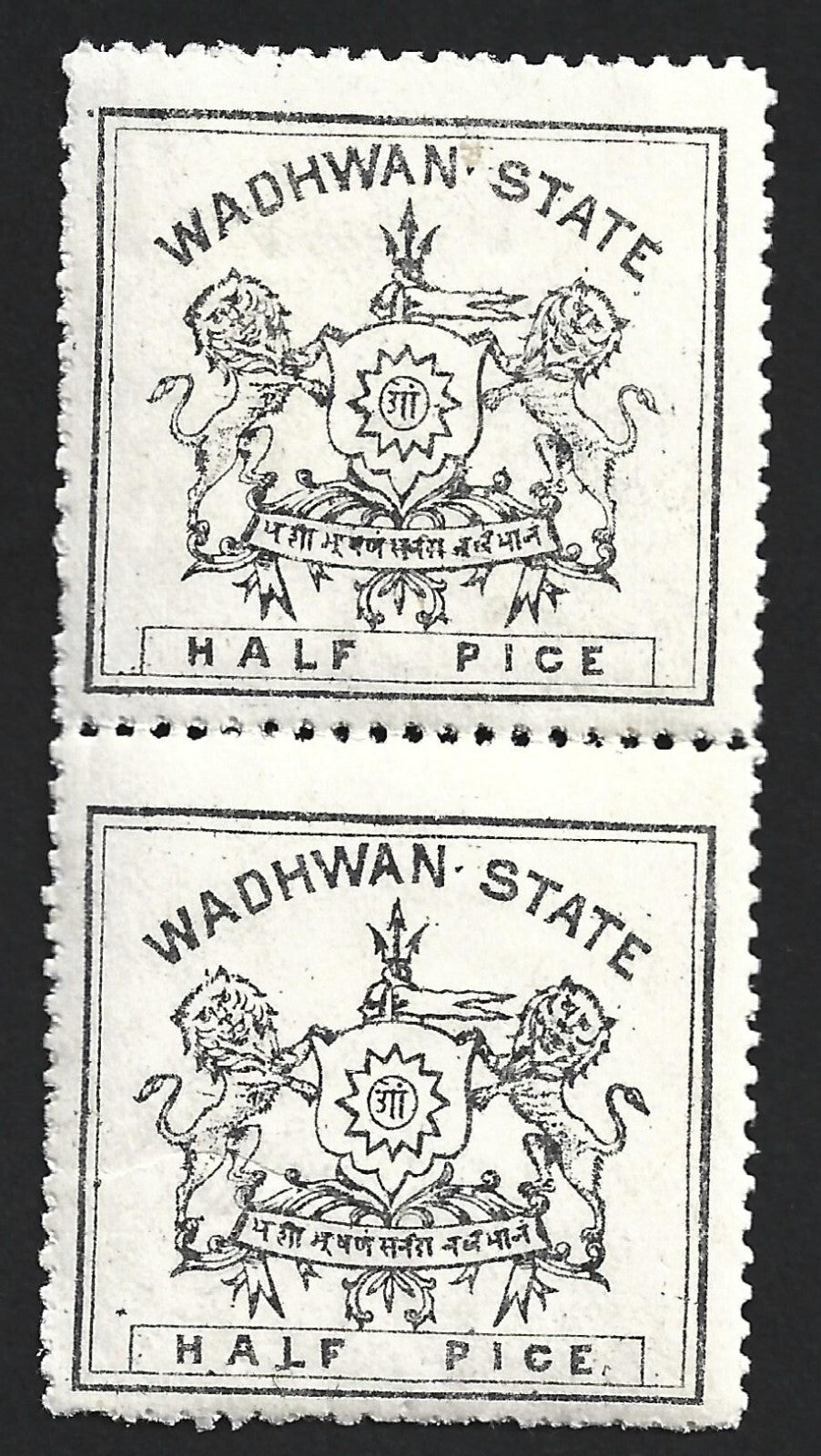 India Wadhwan State 1888-94 1/2p black medium wove paper MNH pair. SG 5 £26