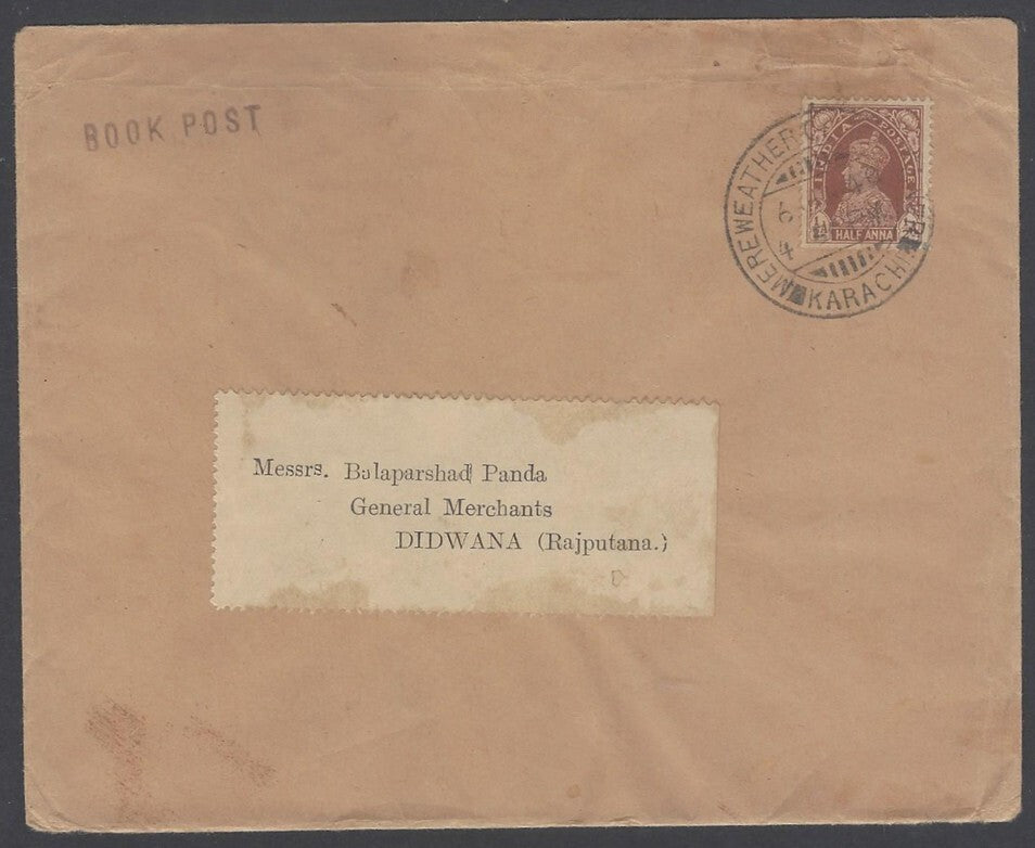 AOP India KGVI 1940 Book Post cover canc. MEREWEATHER CLOCK TOWER*KARACHI