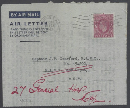 Indian Army bs violet R.A.M.C./dt./BASE DEPOT on 1944 cover to General Hospital