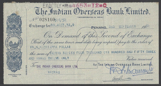 Malaya The Indian Overseas Bank Ltd. Penang 1952 cheque check