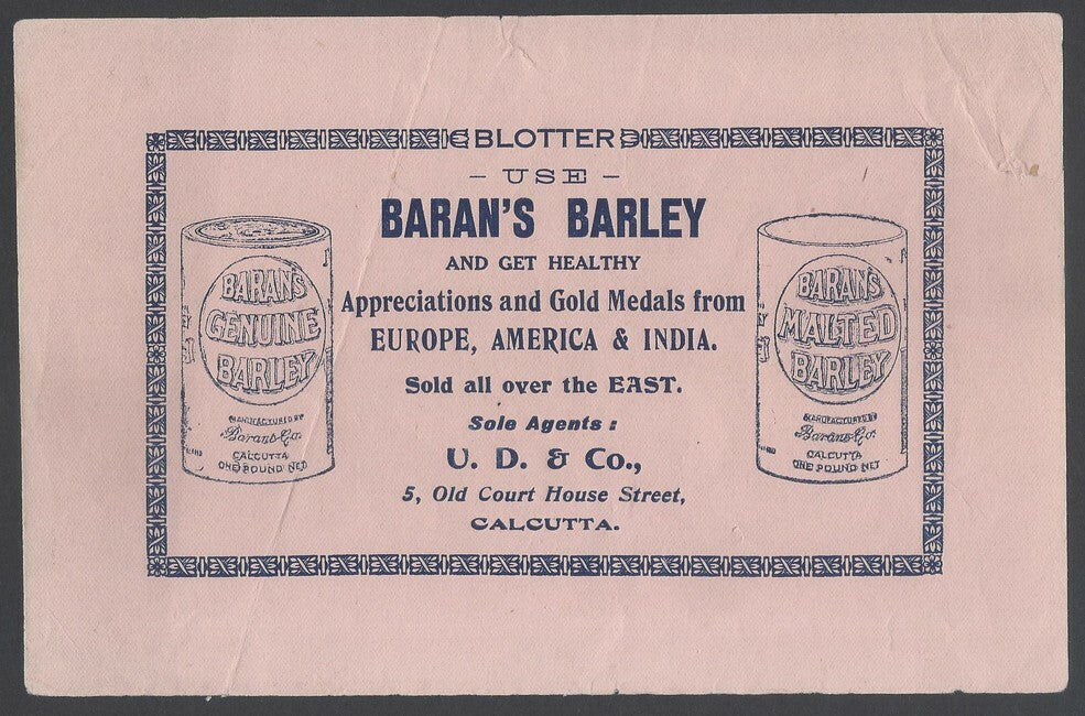 AOPIMT India vintage adv Blotter for Baran's Barley, Calcutta 