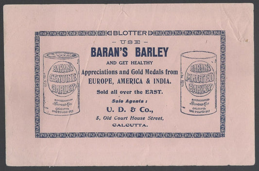 AOPIMT India vintage adv Blotter for Baran's Barley, Calcutta 