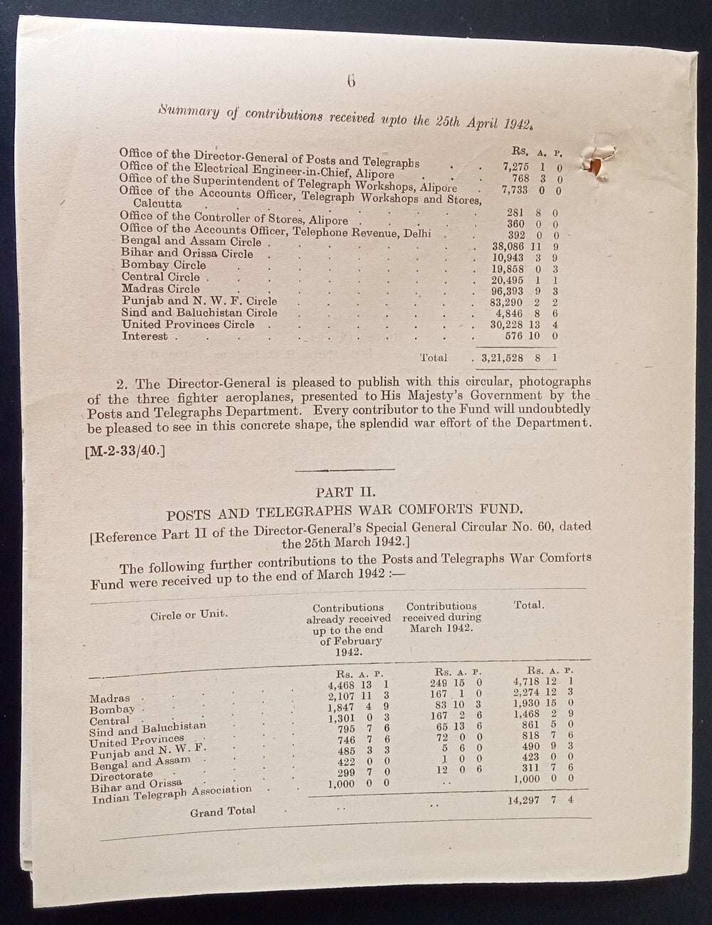India POSTAL CIRCULAR No. 7 2nd June 1942 Post & Telegraphs War Purposes Fund