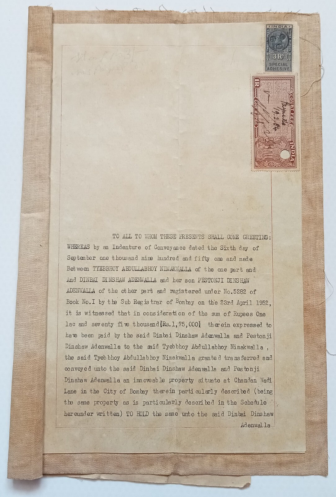 AOP India 1951 Indenture with KGVI 3R Special Adhesive (revenue) & 1R Court Fee