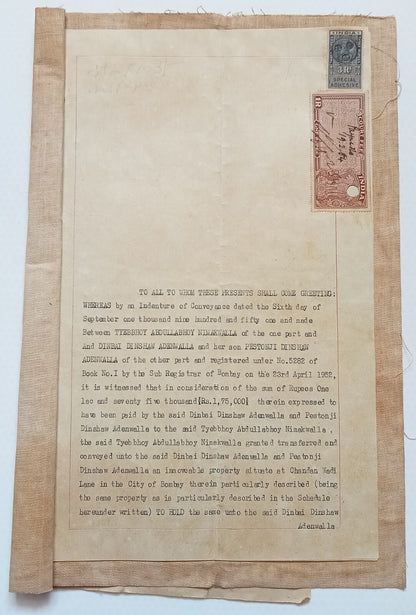 AOP India 1951 Indenture with KGVI 3R Special Adhesive (revenue) & 1R Court Fee