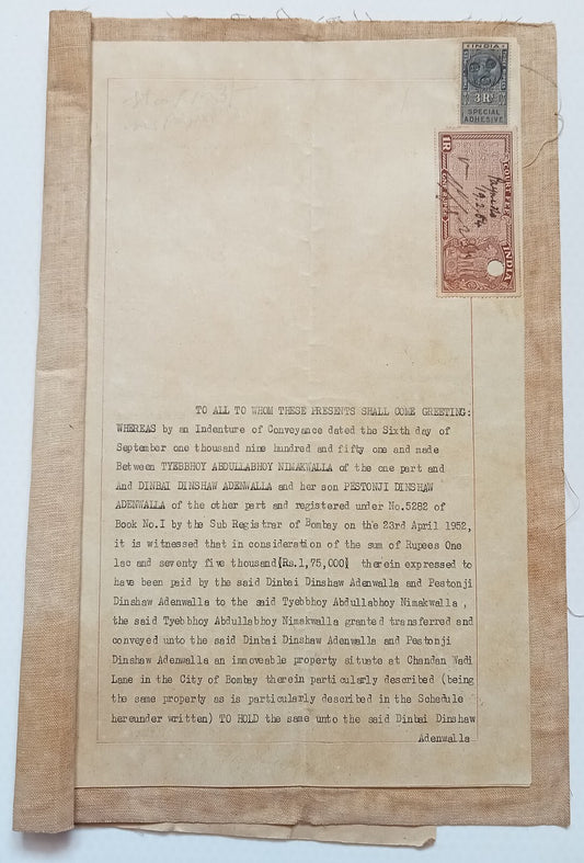 AOP India 1951 Indenture with KGVI 3R Special Adhesive (revenue) & 1R Court Fee