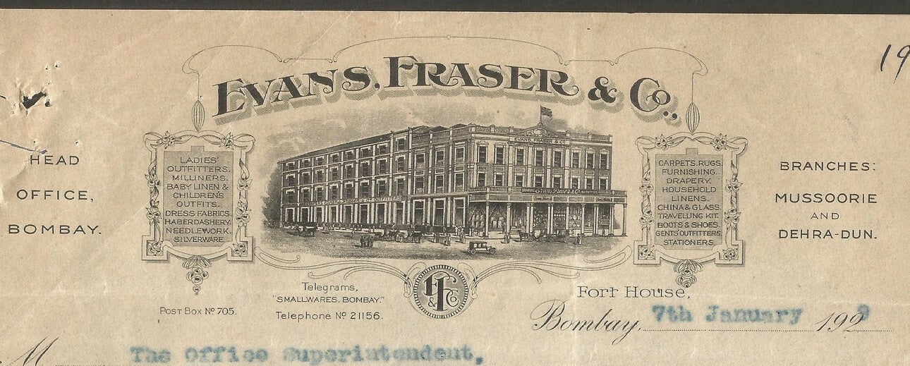 India 1920s illustrated letterhead EVANS FRASER & CO. Bombay