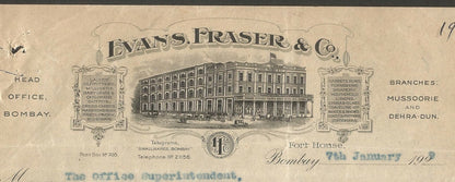 India 1920s illustrated letterhead EVANS FRASER & CO. Bombay