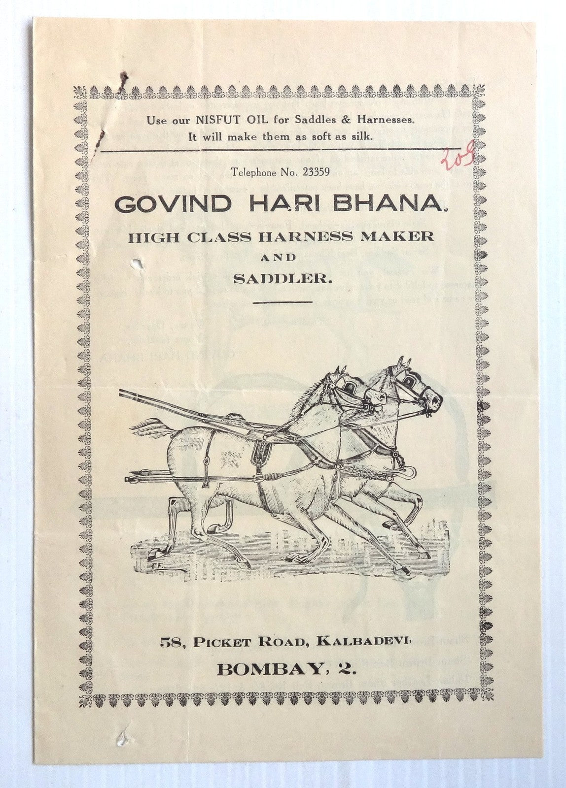 India 1930s advertiement brochure HORSE HARNESS SADDLES MOTOR PARTS