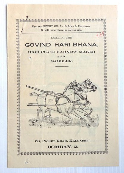 India 1930s advertiement brochure HORSE HARNESS SADDLES MOTOR PARTS