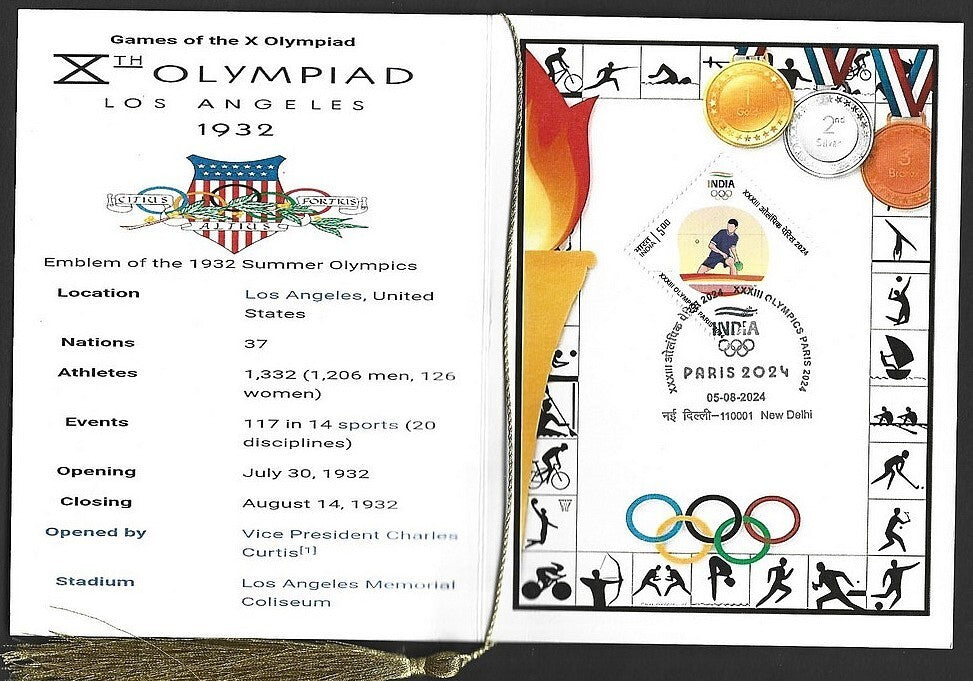 India 2024 Paris Olympics souvenir with 1932 Los Angeles, UK Olympics cachet