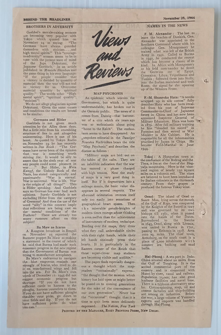 AOP India 1944 WW2 Propaganda rag BEHIND THE HEADLINES MAP PSYCHOSIS 8pgs