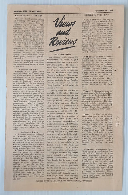 AOP India 1944 WW2 Propaganda rag BEHIND THE HEADLINES MAP PSYCHOSIS 8pgs