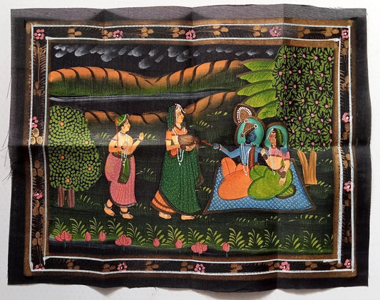 India vintage hand painting on cloth RADHA & KRISHNA 10 x 13 inches