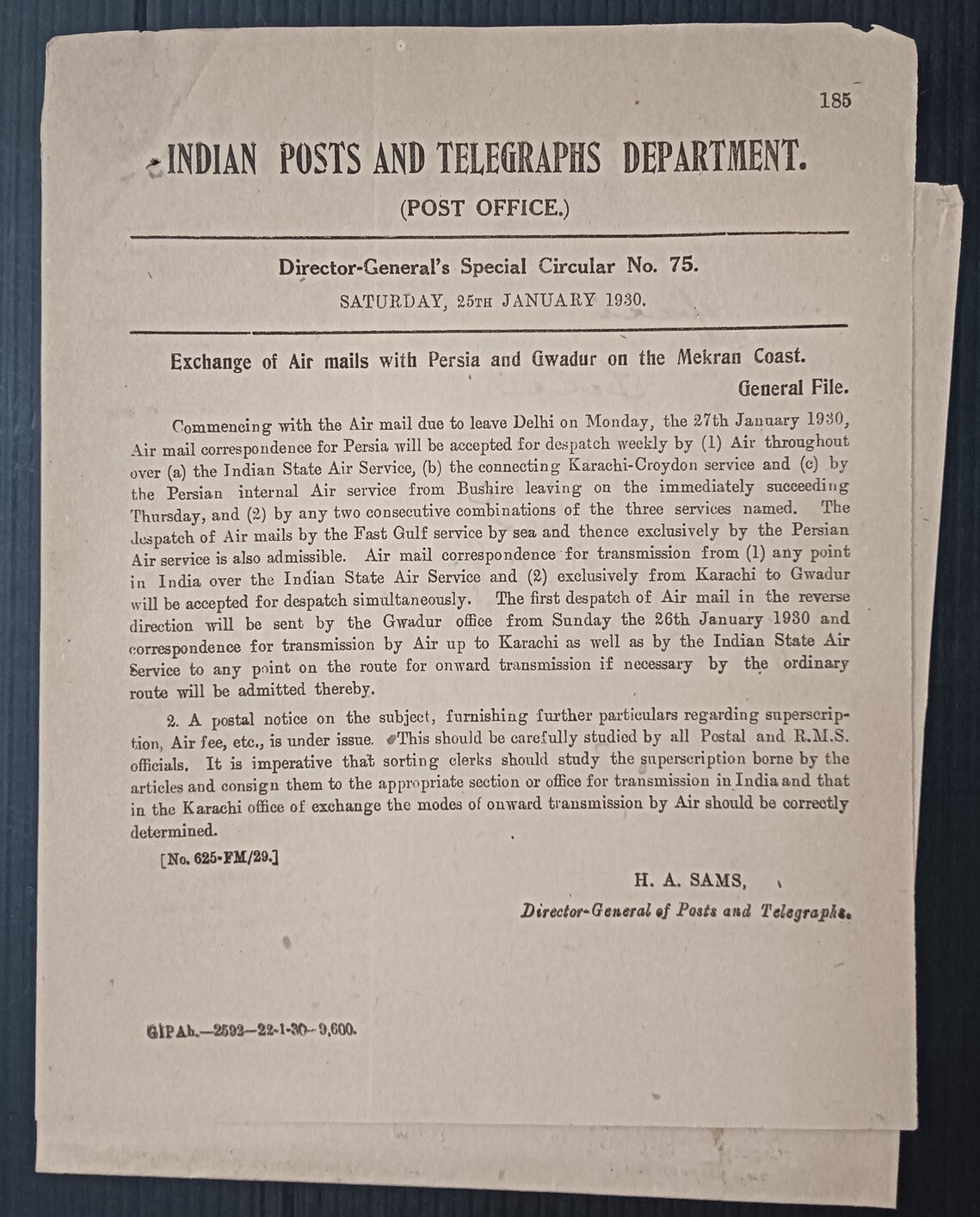 India 1930 POSTAL NOTICE + CIRCULAR Exchange of Air mails wi GWADUR Mekran Coast