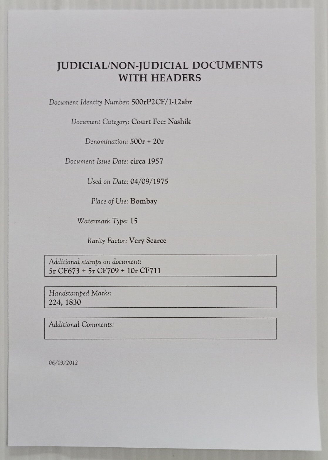 AOP India Capital 500R stamp paper with Court Fee stamps Wmk Type 15