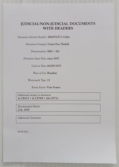 AOP India Capital 500R stamp paper with Court Fee stamps Wmk Type 15