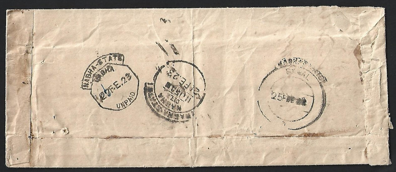 India NABHA State 1923 postage due cover