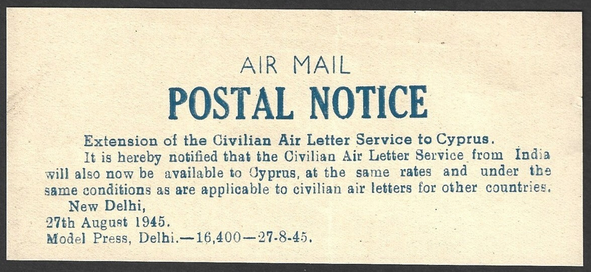 India 1945 AIR MAIL POSTAL NOTICE Extension of Air Letter Service to Cyprus