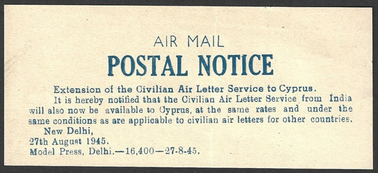 India 1945 AIR MAIL POSTAL NOTICE Extension of Air Letter Service to Cyprus