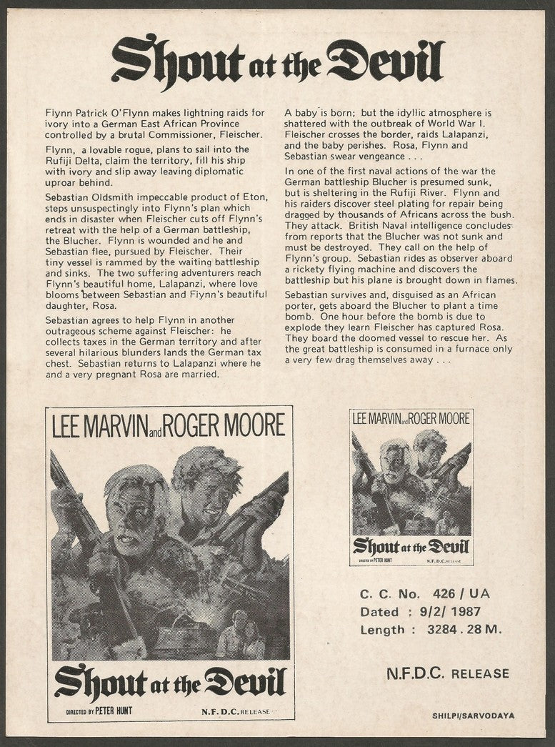 SHOUT AT THE DEVIL 1976/87 India press card Lee Marvin & Roger Moore
