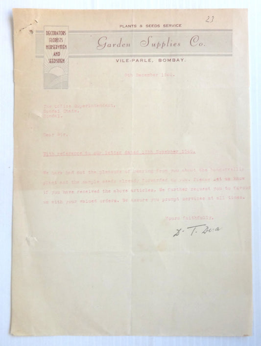India 1940 Garden Supplies Co. Plants & Seeds Service Illustrated Letterhead