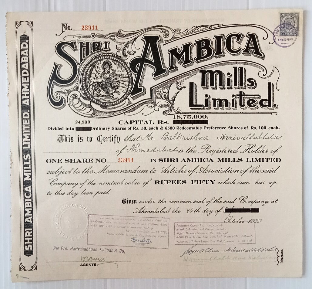AOP India 1939 share certificate Shri, Ambica Mills Ltd