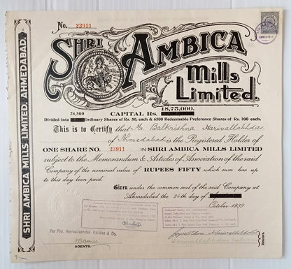 AOP India 1939 share certificate Shri, Ambica Mills Ltd