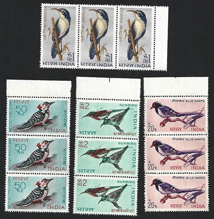 India 1968 Birds set of 4 strips of 3 MNH