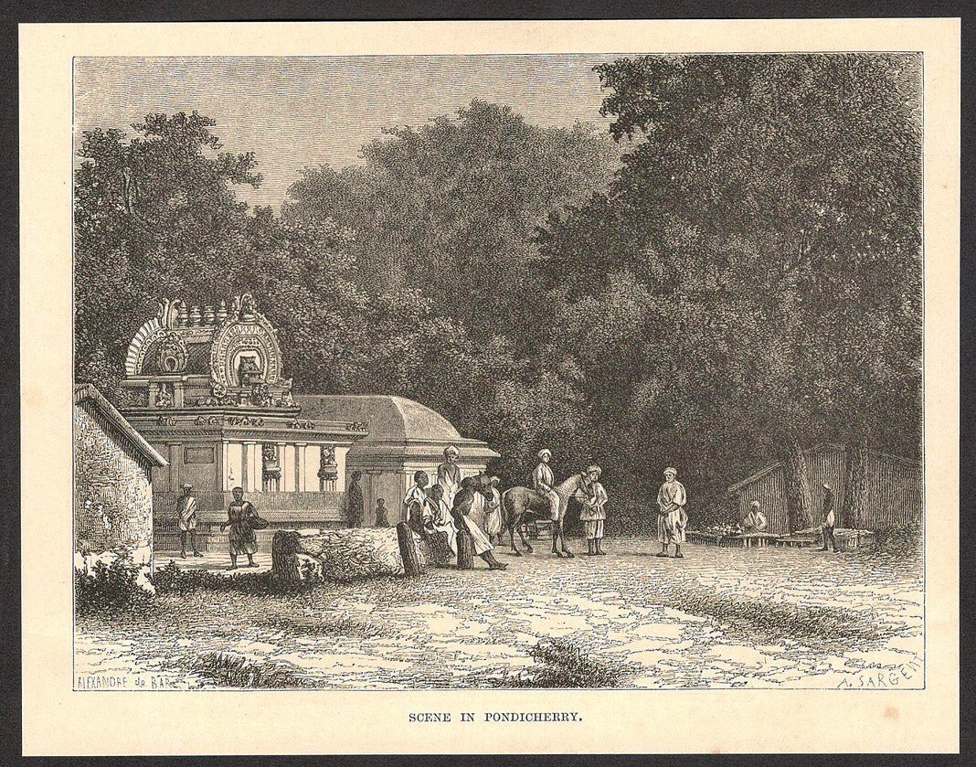 India SCENE IN PONDICHERRY engraved print ex libris Rousslet 1876 7"x5.5"