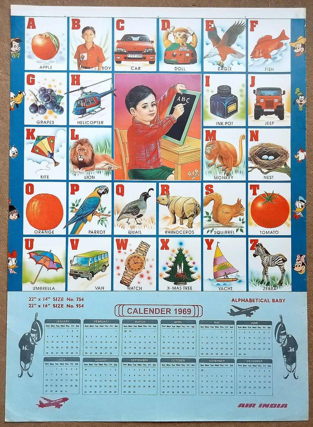 AIR INDIA 1969 poster calender 954 - ALPHABETICAL BABY - R