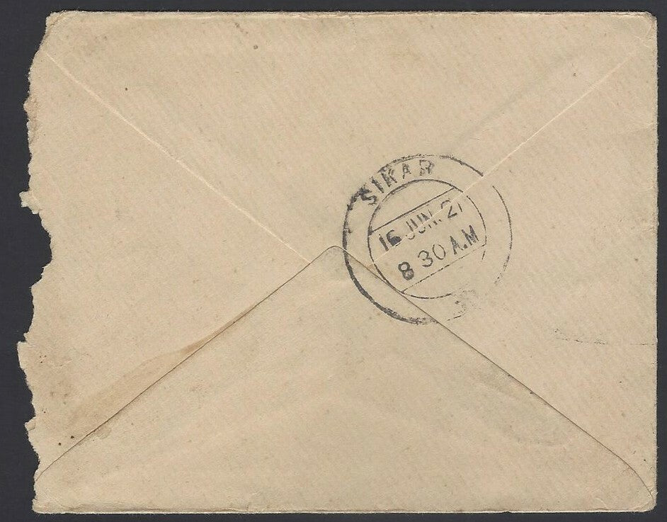 India KGV King George V large format 1/2a green envelope used 1921