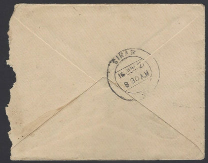 India KGV King George V large format 1/2a green envelope used 1921