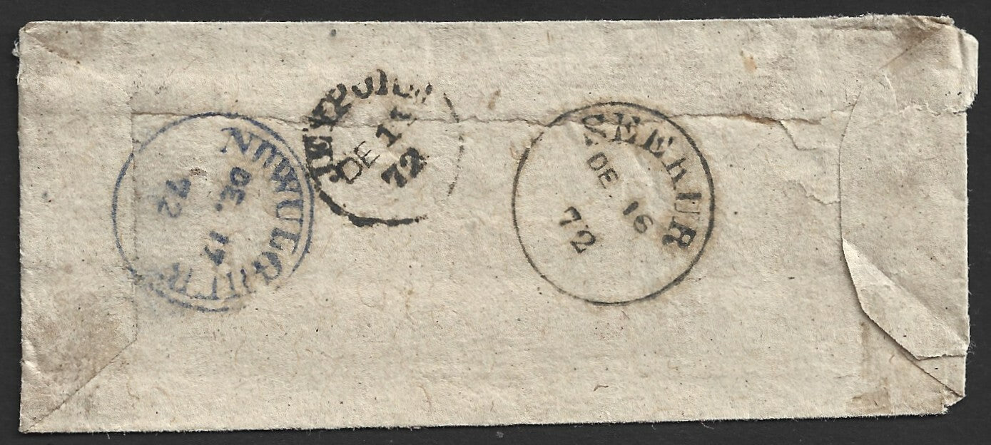 India 1872 stampless cover with postmarks of SEEKUR, NUWULGURH & JEYPORE