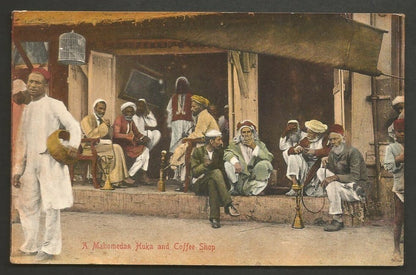 India vintage postcard A MAHOMEDAN HUKA & COFEE SHOP