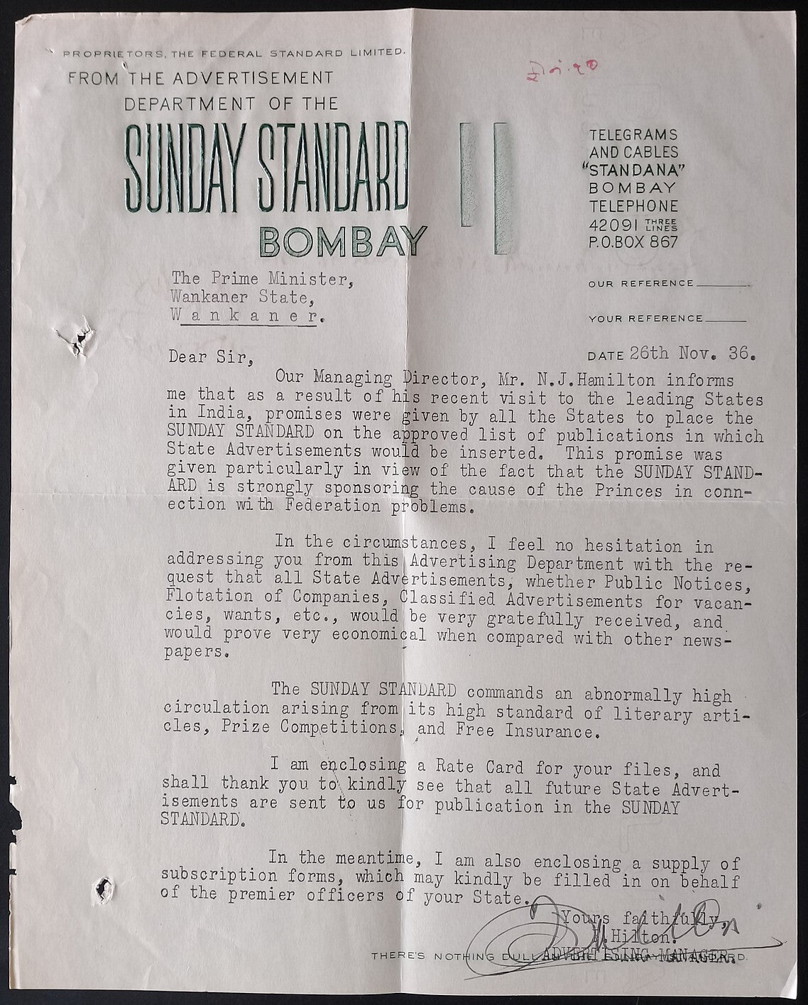 AOP India 1936 SUNDAY STANDARD letterhead to Prime Minister Wankaner State